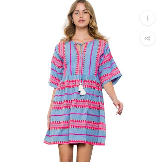THML Dresses & Skirts - THML Womens Medium Blue Pink Woven Islander Mini Tasseled Peasant Boho Dress